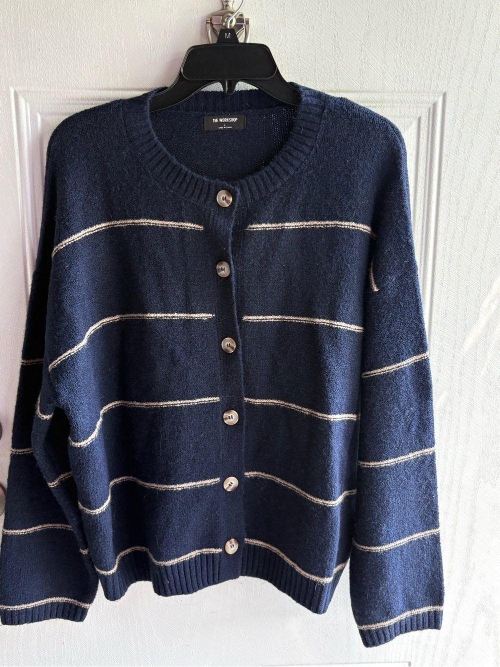 Workshop Republic Clothing Navy and Cream Striped Button Cardigan
